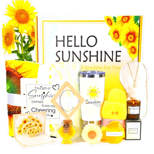VUEJIC Sending Sunshine Care Package for Women-11 Pcs Sunflower Gifts.Get Well Soon Self Care Gifts Basket.Unique Women's Inspirational Relaxation Bath Set, Birthday Box for Gifts,CHEER HER UP! (Large Set)