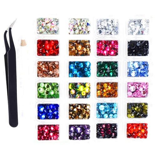 FYGEM 7000 pieces 5 Sizes Hotfix Iron Flatback Glasses Rhinestones Crystal for DIY Project with Tweezers and Picking Pen for Bags, Shoes, Clothes and Manicure (5 Sizes, 22-Colors) (FYGEM#0022)