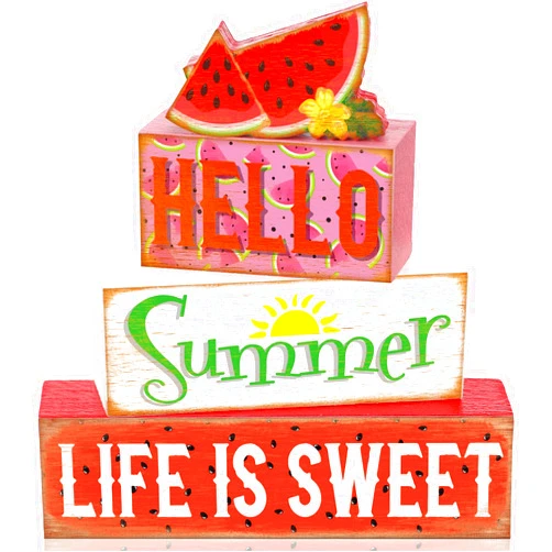 Burbell 4 Pcs Summer Wooden Tiered Tray Decor Farmhouse Rustic Table Decor Books Stack Block Signs for Table & Home Office Decorations(Watermelon Style)