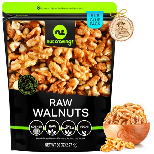 NUT CRAVINGS - Raw Walnuts Halves & Pieces, Unsalted, Shelled, (80oz - 5 LB) Bulk Nuts Packed Fresh in Resealable Bag - Kosher Healthy Snack, Natural Keto Vegan - Ideal for Trail Mixed Nuts
