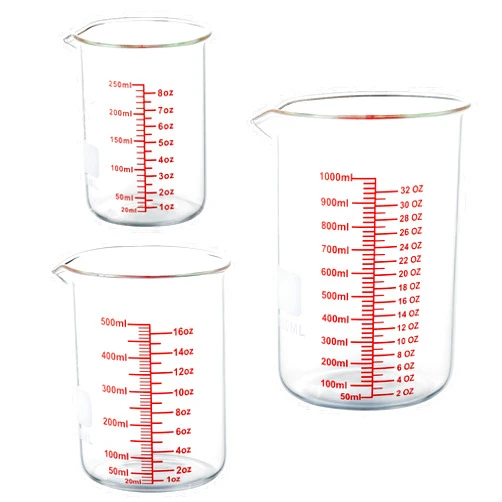 Ackers BORO3.3 High Borosilicate Glass Measuring Cup Set-V-Shaped Spout，Includes 250ml(8OZ), 500ml(16OZ), and 1000ml(32OZ) Glass Measuring Beaker, Easy to Read