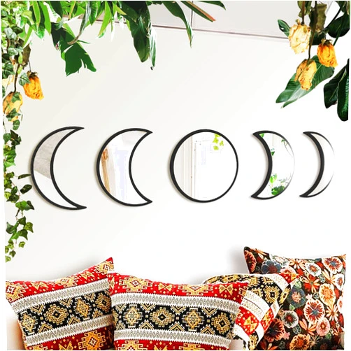 MAIPAY 5 Pieces Moon Phase Mirror Set, Crescent Moon Mirror Wall Decor Bedroom, Bohemian Natural Scandinavian Home Decor, Decorative Mirror, Moon Phase Wall Decor(Black)