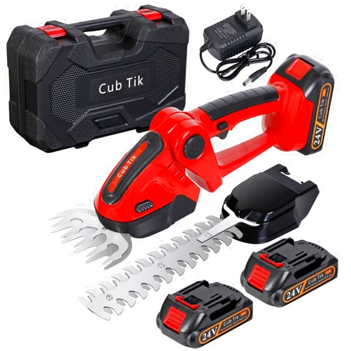 Cub Tik Hedge Trimmer Cordless 2 in 1 Handheld Grass Shears Mini Shrubbery Trimmer Grass Cutter Electric Brush Trimmer with Battery and Charger (Red)