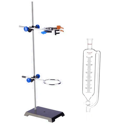 stonylab Pressure Equalizing Funnel and Lab Stand Set Bundle, 500 ml Pressure Equalizing Graduated Addition Funnel, Steel Support Stand with Rod/4-Prong Burette Clamp/Retort Ring/2 Boss Heads