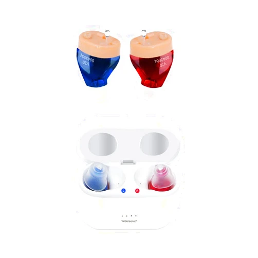 Mirasing Rechargeable Hearing Aids for Seniors & Adults, Invisible Hearing Aid With Noise Cancelling, Rechargeable Hearing Aid with Storage and Charging Combo Portable Charging Case, Two Blue & Red