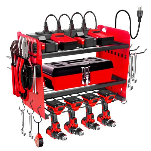NRCUWI Garden Power Tool Organizer, Heavy Duty Tools Storage Rack Wall Mount with Charging Station, 3 Layers Yard Tool Shelf Drill Holder for Ryobi Tools - Ideal for Garage, Workshop