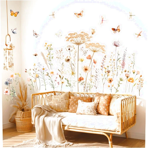 DECOWALL SG2-2513 Boho Wild Flower Wall Decals Botanical Peel and Stick Removable Stickers with Butterflies and Dragonflies for Living Room Bedroom Nursery Playroom Home Decoration Art Mural