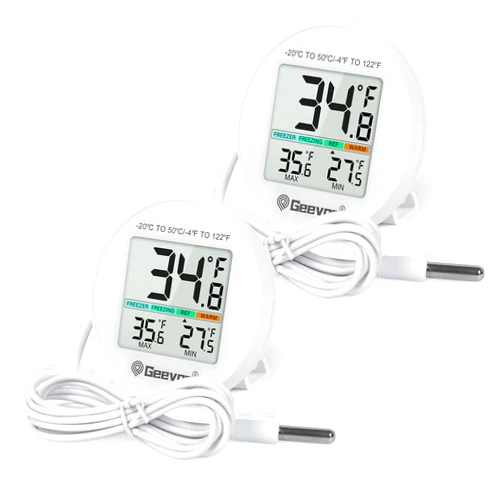Geevon Refrigerator Thermometer 2 Pack IP65 Waterproof, with External Sensor, Fridge Temperature Monitor for Home Commercial, with LCD Screen, Stand and Magnetic Back, for Refrigerator, Freezer scenes