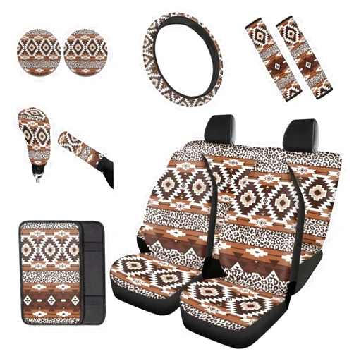 Renewold 12pcs Automobile Interior Set Front Rear Car Seat Covers Steering Wheel Cover Center Console Cover Seat Belt Cover Gear Shift Knob Cover Handbrake Cover Coasters Native Indian Southwest Aztec