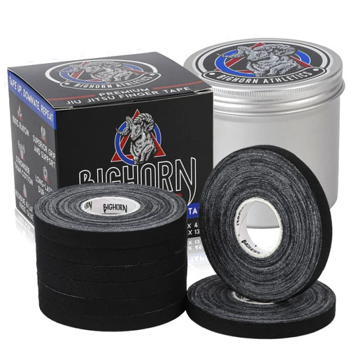 Bighorn Athletics Pro Series Jiu-Jitsu Finger Tape, 8-Rolls with Tin Holder, Enhanced Extra Strength, Residue-Free (0.3-Inch, Black)