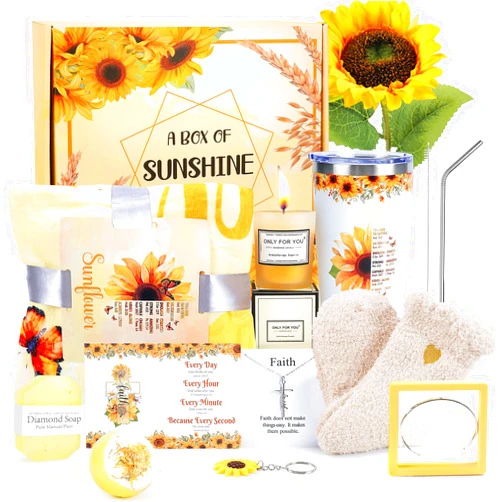 Fortuning's JDS 14PCS Sunflower Gifts Sending Sunshine Box, Christian Gifts for Women, Mother's Day Gifts, Sunflower Gifts for women Get Well Soon Birthday Gift for Women,Mom,Sister,Bestie,Girlfriend,Wife