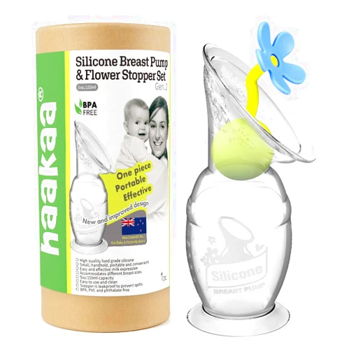 haakaa Manual Breast Pump Breastfeeding Pump Silicone Pump Milk Saver with Suction Base and Flower Stopper 100% Food Grade Silicone BPA Free (5oz/150ml) (Blue)