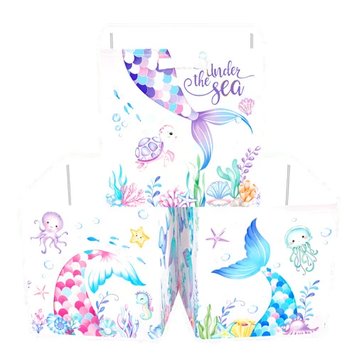 Clastyle Mermaid Tail Kid Storage Cube Organizer Set with Metal Frame Ocean Animal Turtle Closet Clothes Toy Storage Bin Nursery Toddler Girl Book Shelf Basket, Colorful Seaweed, 11.8x11.8x11.8 in