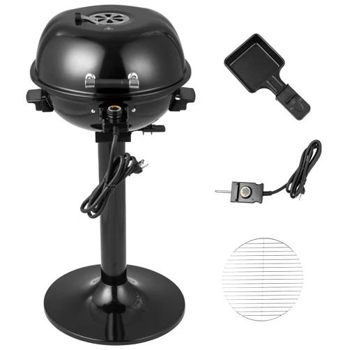 COSTWAY Electric BBQ Grill, Portable Grill with Metal Cooking Grilling Rack, Detachable Temperature Control & Removable Grease Collector, Outdoor Freestanding Grill for Camping &Tailgating (Black)