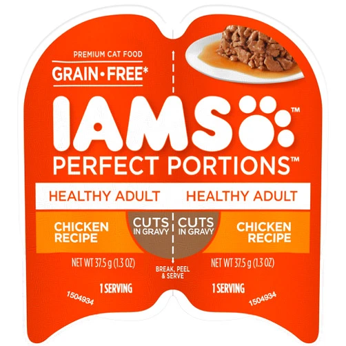 IAMS PERFECT PORTIONS Healthy Adult Grain Free* Wet Cat Food Cuts in Gravy, Chicken Recipe, 1.3 Ounce (Pack of 48). Easy Peel Twin-Pack Trays