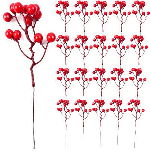 TIHOOD 25PCS Artificial Red Berry Stems 7.8inch Christmas Red Berry Picks Holly Berry Branches for Christmas Tree Decorations DIY Crafts Xmas Ornaments Wedding Holiday Home Decor