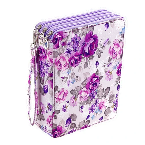 BTSKY Colored Pencil Case- 120 Slots Pencil Holder Pen Bag Large Capacity Pencil Organizer with Handle Strap Handy Colored Pencil Box with Printing Pattern (Purple Flower)
