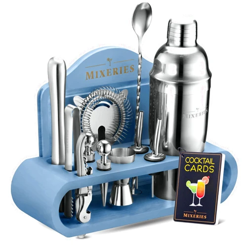 Mixeries Mixology Bartender Kit with Stand - 18 Piece Bar Set Cocktail Shaker Set, Drink Mixer Set for Home Bar with All Bar Accessories - Bar Tool Set, Cocktail Kit, Mixology Set, Bar Kit (Blue)