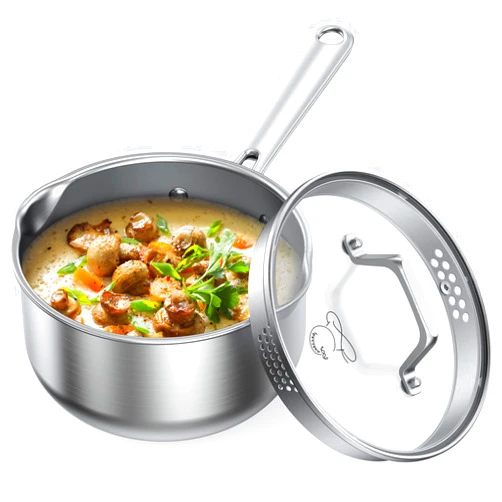 PekGema Stainless Steel Saucepan 2.5 Quart with Glass Strainer Lid, Thicken Tri-ply Full Sauce Pot, Two Side Spouts for Easy Pour, Dishwasher Safe, Induction Ready, Compatible with All Cooktops