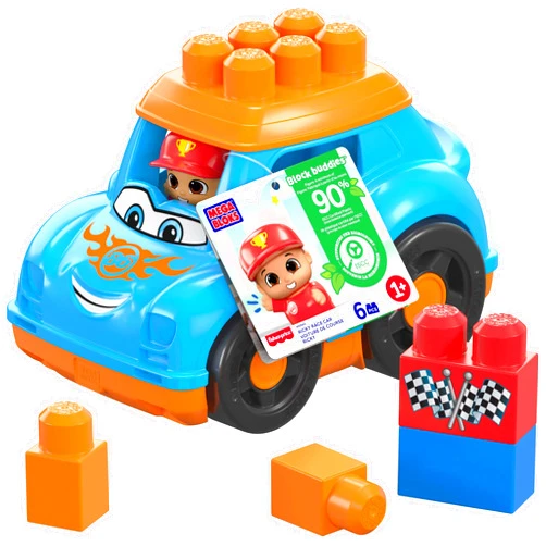 Mega BLOKS First Builders Toddler Building Blocks Toy Set, Ricky Race Car with 6 Pieces and Storage, 1 Figure, Blue, Ages 1+ Years