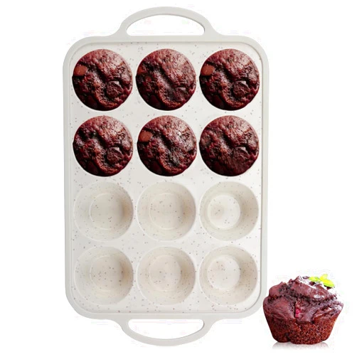 Fimary Silicone Muffin Pan with Metal Reinforced Frame - 12 Cups Cupcake Pan, Non-Stick Muffin Tin for Baking Muffin Cakes, Tart, BPA Free and Dishwasher Safe - Beige With Coffee-Colored Dots