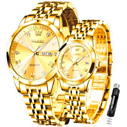 OLEVS Valentines Couple Pair Quartz Watches Luminous Calendar Date Window 3ATM Waterproof, Casual Stainless Steel His and Hers Wristwatch for Men Women Lovers Wedding Romantic Gifts Set of 2