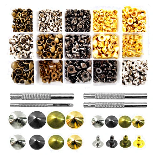 AngelaKerry Leather Rivets Kit, AngelaKerry 360 Sets Four-Jaw Sharp Dome Rivets Leather Studs with Setting Tools for Leather Repair and Crafts, 4 Colors and 3 Sizes