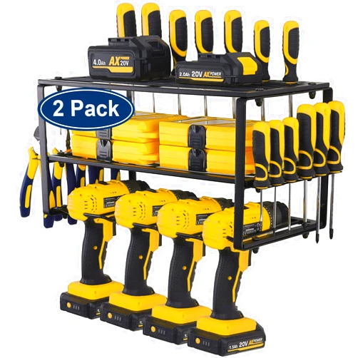 CRAFTFORCE 2 Pack Power Tool Organizer, Wall Mount Drill Holder, Garage Tool Organizers and Storage, Utility Rack for Cordless Drill, 3-Layer Heavy Duty Metal Tool Shelf for Organization