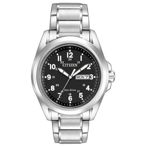 Citizen Men's Eco-Drive Weekender Garrison Field Watch in Stainless Steel, Black Dial, Arabic Markers, Luminous, 43mm (Model: AW0050-82E)