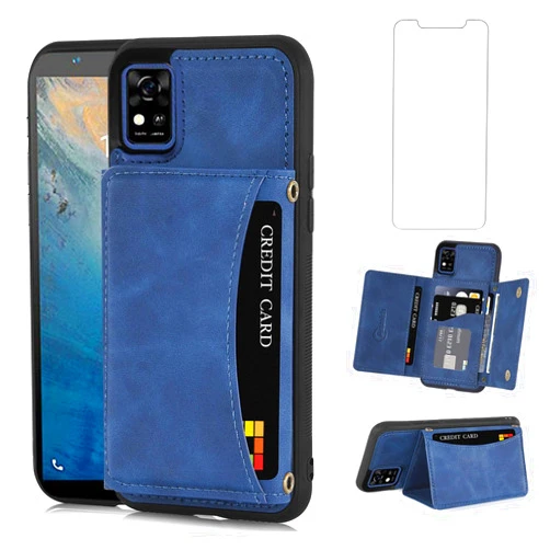 Asuwish Phone Case for ZTE Blade A31/Avid 589 Z5158 Wallet Cover with Tempered Glass Screen Protector and PU Leather Credit Card Holder Stand Rugged Slot Mobile Flip Cell Accessories Women Men Blue