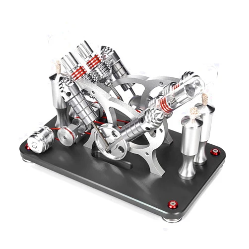 MechPuConToy Stirling Engine Kit, Metal Bootable V4 4-Cylinder Parallel Stirling Engine Model with Colorful LED Light, Desktop Display Physics Science Experiment for Youth Adult