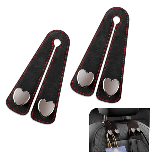 Merdege 2 PCS Car Seat Headrest Hook, Car Hooks for Headrest, Storage Double Heart Shape Hooks, Suede Foldable Soft Hook Organizer, Universal for Cars (Black)
