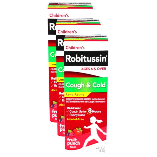 Robitussin Children's Long-Acting Cough and Cold Medicine for Kids, Fruit Punch Flavor - 4 Fl Oz Bottle (Pack of 3)
