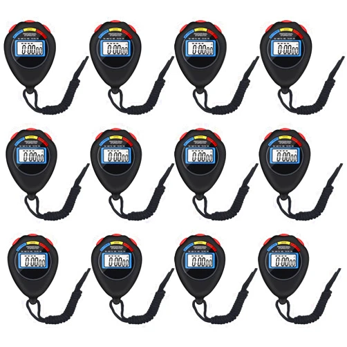 Pgzsy 12 Pack Multi-Function Electronic Digital Sport Stopwatch Timer, Large Display with Date Time and Alarm Function,Suitable for Sports Coaches Fitness Coaches and Referees（Black）