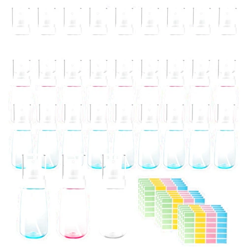FARQAN 27 Pcs Travel Spray Bottle 60ml/2oz Leak Proof Fine Mist Spray Bottles Empty Mini Makeup Face Spray Bottle Clear Refillable Travel Containers for Perfume Cosmetic Essential Oil, 3 Color(360pcs Labels)