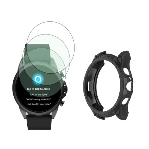 SHUAXI Watch Screen Protector (3+1Pack) Compatible with Fossil Gen 6 44mm, Tempered Glass Film Anti-Scratch High Definition Full Coverage and Soft TPU Protective Case, Black