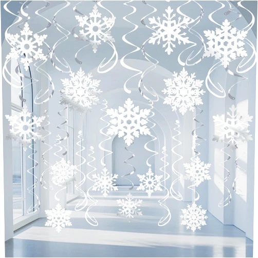 PartyGarden Christmas Winter Wonderland Snowflake Hanging Swirls Party Decoration White Silver Glitter Ceiling Decor Winter Holiday Party Decorative Snowflake Ornaments Garland for New Year Winter Wonderland