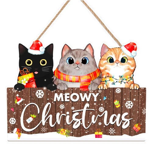 KAIRNE Meowy Christmas Wooden Hanging,Winter Snow Sign Xmas Wall Art,Merry Christmas Cat Wooden Sign(8x11.6inch) Happy Holiday Wall Decor Black Cats Sign Christmas gift For Cat Lover Decoration