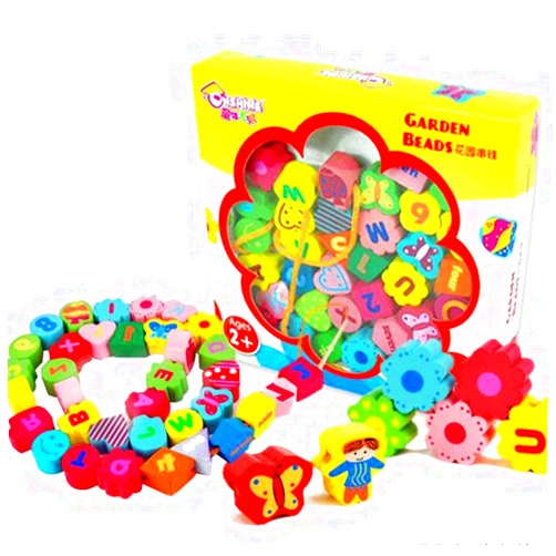 Vytung Wooden Lacing Pop Beads Toddlers String Lace Large Big Alphabet Letter Threading Beading Kit Wood Stringing Beads for Kids Boys Girls