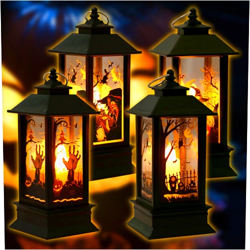 Blinket Halloween Lanterns Decorations 4 Pack, Battery Operated Black Pumpkin Witch Lanterns, Flickering Light for Indoor Party Home Decor