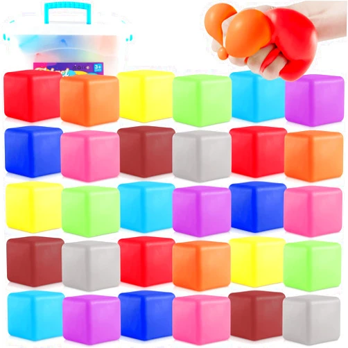 Viroucal Slow Rising Stress Cube 30 Pack, Square Cube Fidget Ice Cube Stress Balls, Dough Stress Balls Soft Fidget Squishy Toys for Anxiety Relief, Pull Stretch Squishy Toy, Classroom Prize Box Toys