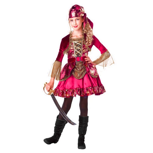 Fun Costumes Girl's First Mate Pirate Costume Dress - Satin Dress with Metallic Floral Print, Velour Belt, Shrug & Scarf