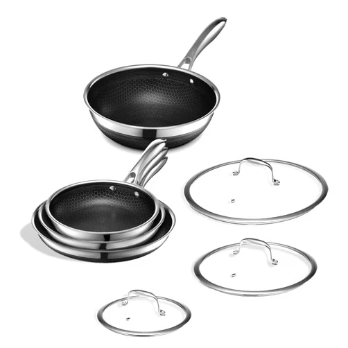 HexClad 7 Piece Hybrid Stainless Steel Cookware Set - 6 Pc Pan Set with Lids and 10 Inch Wok, Stay Cool Handle, Dishwasher and Oven Safe, Non-Stick