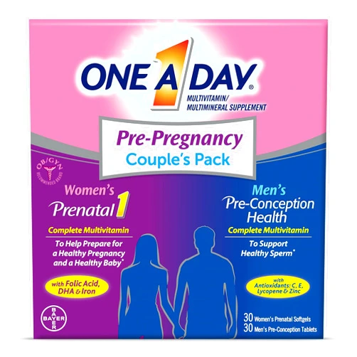 One A Day Men's & Women's Pre-Pregnancy Multivitamin Softgel including Vitamins A, Vitamin C, Vitamin D, B6, B12, Folic Acid & more, 30+30 Count, Supplement for Before, During, and Postnatal