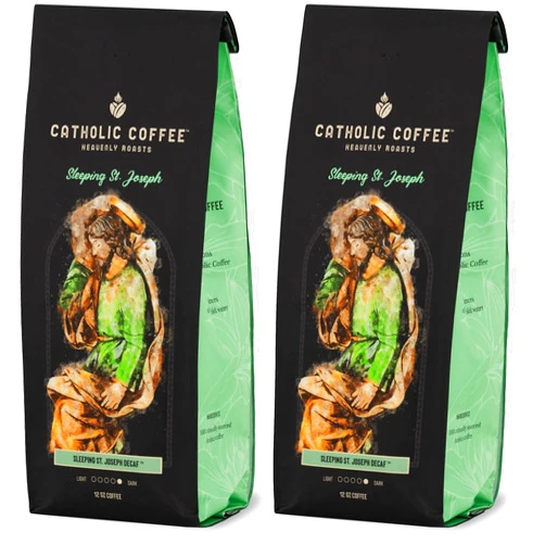 Catholic Coffee Sleeping St. Joseph | Decaf Dark Roast Ground Coffee – Clove & Prune Notes | 12oz Bag – Peaceful Catholic Gift for Evening Reflection (Pack of 2)