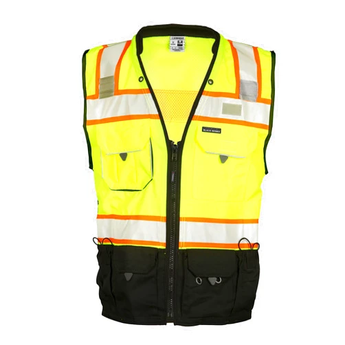 Kishigo Premium Black Series Men's Surveyors Vest S5002, Class 2 Hi-Vis, 10 Pockets, Zipper, Durable Webbing, ANSI/ISEA 107