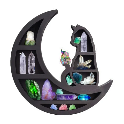 PerGar Cat Wooden Crystal Display Shelf, Cute Moon Phase Crystal Shelf, Wall Mounted Floating Shelves, Crescents Moon Phase Shelf for Crystals Stone, Essential Oil, Small Plant Art, Gothic(Cat on Moon)