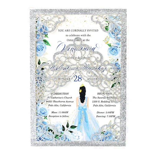 Hosmsua 50PCS 5.1x7.3 Inch Blank Silver Glitter Quinceanera Invitations Kit Laser Cut Floral Crown Pocket Quinceanera Invitation Cards with Envelopes for Birthday Bridal Shower Invite