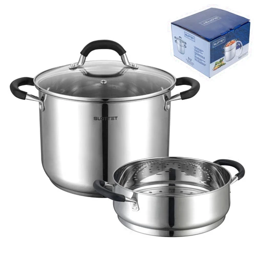 SLOTTET 8 Quart Stainless Steel Stock Pot with Steamer,8 Qt Deep Soup Pot for cooking,Multipurpose Stockpot with Stay-cool silicone Handle.