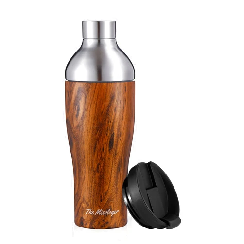 The Mixologer Cocktail Shaker & Tumbler | 19 oz Stainless Steel Drink Mixer with Built-in Measurements, Leak-Proof Design & Vacuum Insulation | Ideal to Mix Whiskey, Cocktails & More | Teakwood
